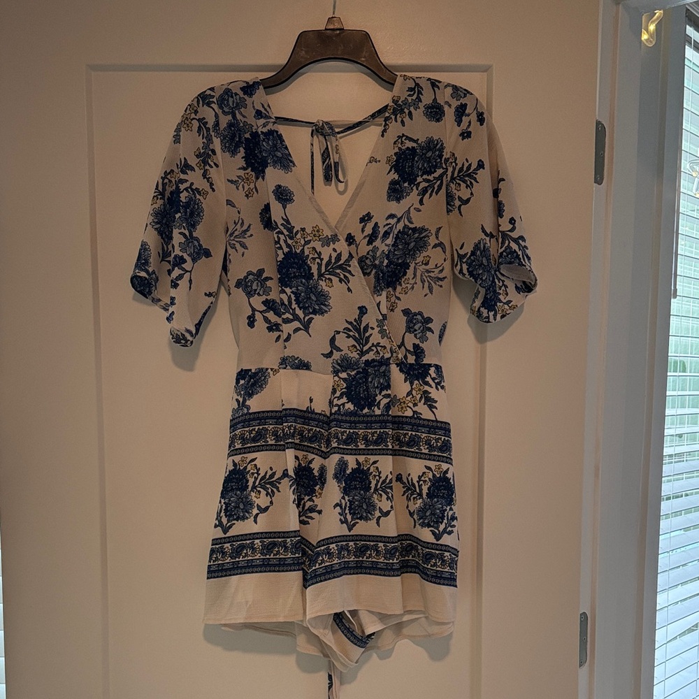 Trixxi Cream and Blue Floral V-Neck Romper